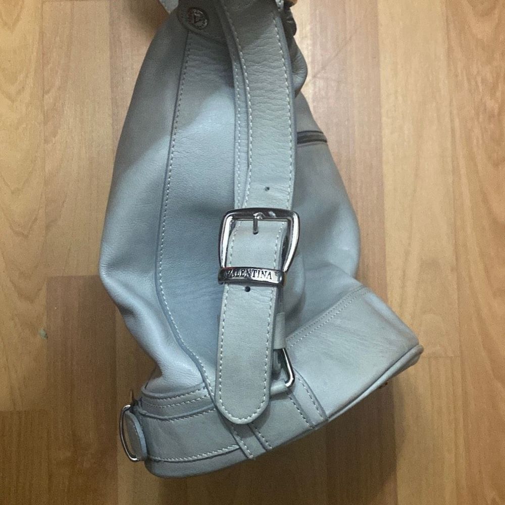 Valentina Teal Leather Bucket Shoulder Bag Double Zipper Made In Italy - Picture 10 of 12